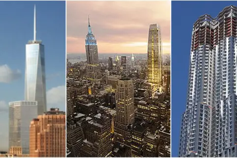 Renderings of 1 World Trade Center, 15 Penn Plaza, and the Beekman Tower during construction in June.